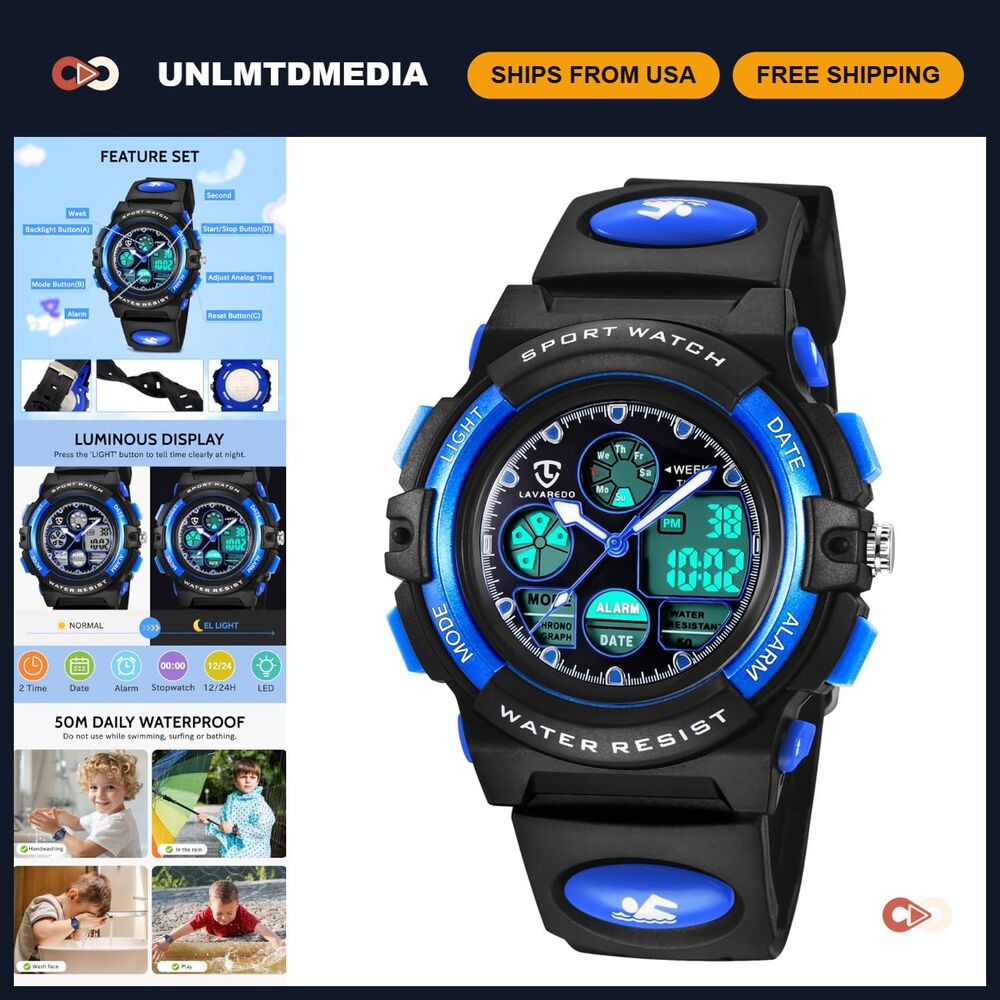 Kids Waterproof Analog Digital Watch with Alarm & Stopwatch - Ages 5-15